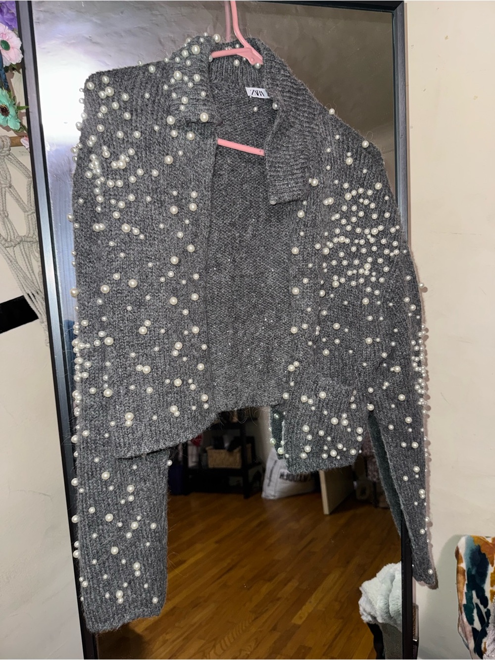 Zara Gray Pearl-Studded Cropped Cardigan